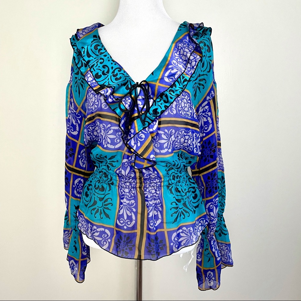 Hale Bob Long Sleeve Silk Top Tie Front Boho Purple Ruffle Size Extra Small XS